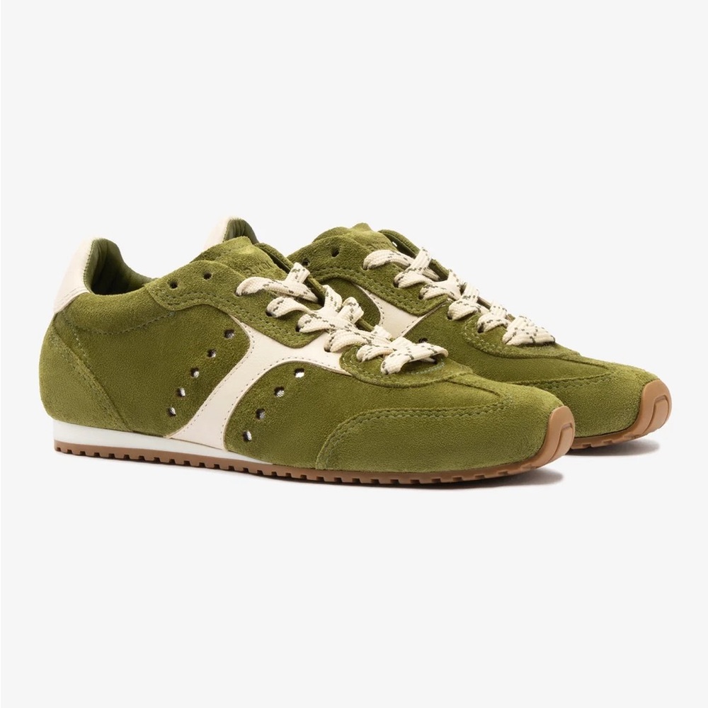 Larroude Stella Sneaker In Seaweed Suede and Ivory Leather